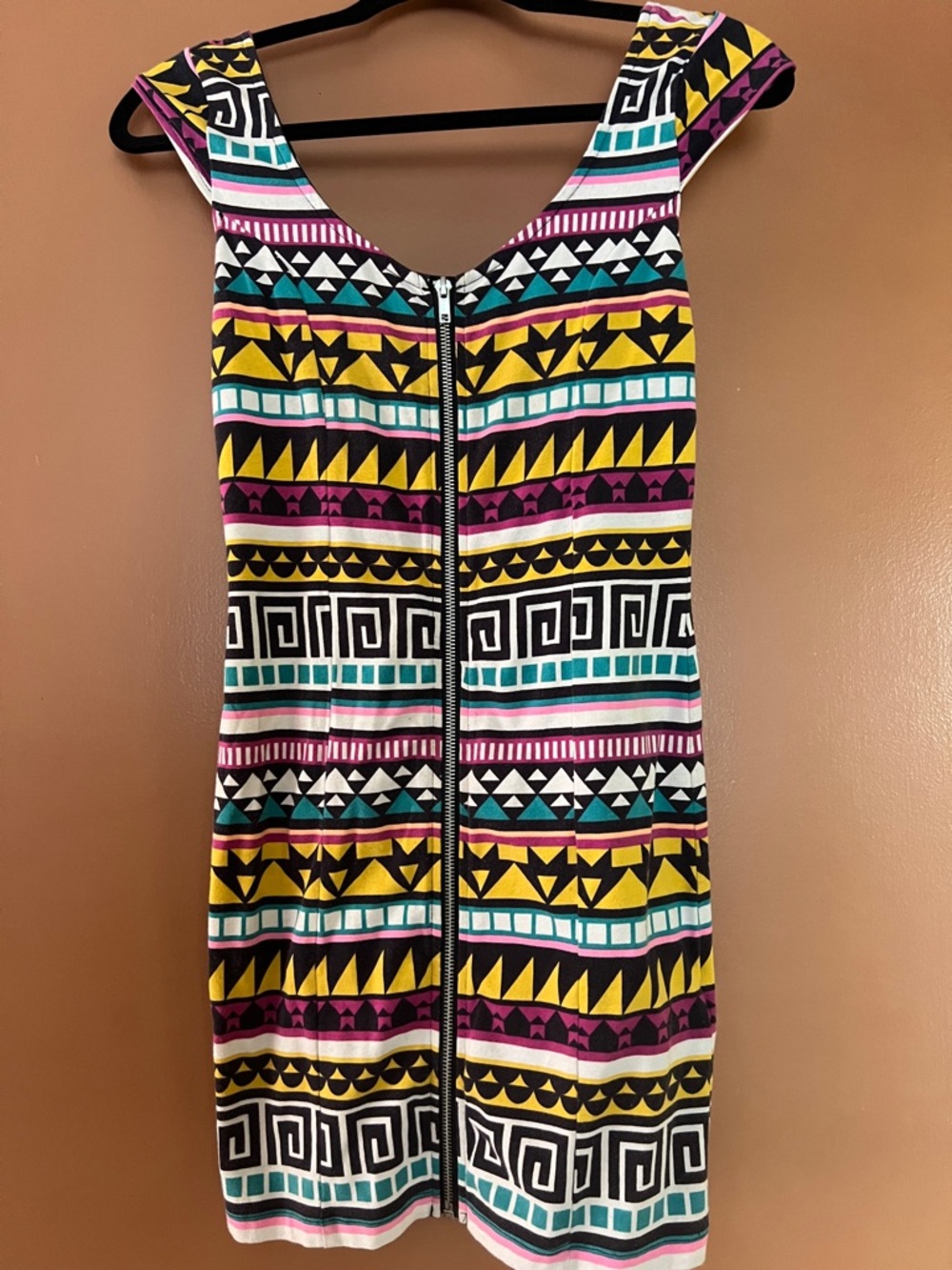 Sleeveless Tribal Print Zip-Front Dress in Yellow, Teal & Pink